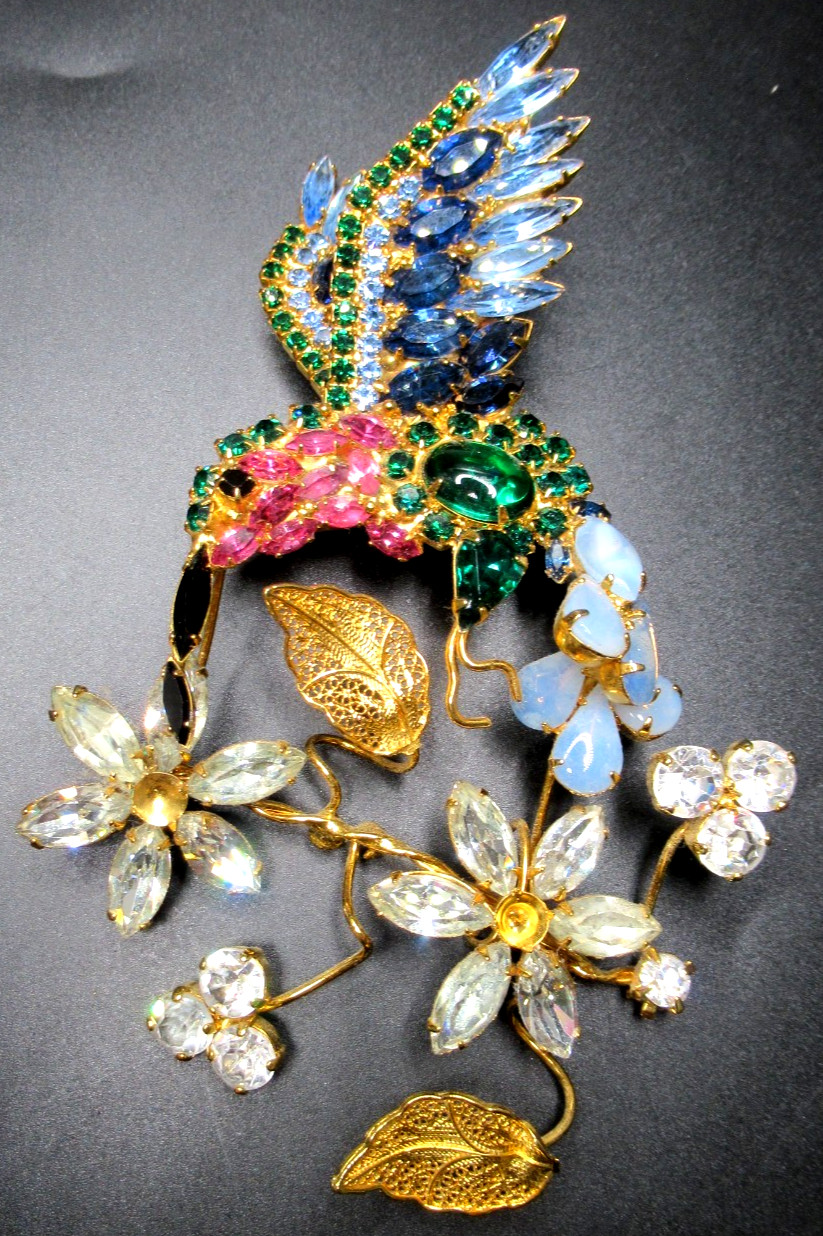 MOANS COUTURE Huge Colorful Rhinestone Hummingbird Leaves & Flowers Pin Brooch