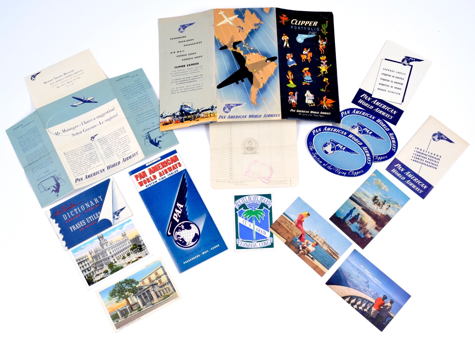 Vtg 50’s Pan Am Airways Advertising Brochure Poster, Luggage Stickers + MORE #1