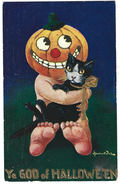 1909 Bernhardt Wall Halloween Postcard 143 Creepy Pumpkin Man Blk Cat Posted 1909 Bernhardt Wall Halloween Postcard 143 Creepy Pumpkin Man Blk Cat Posted