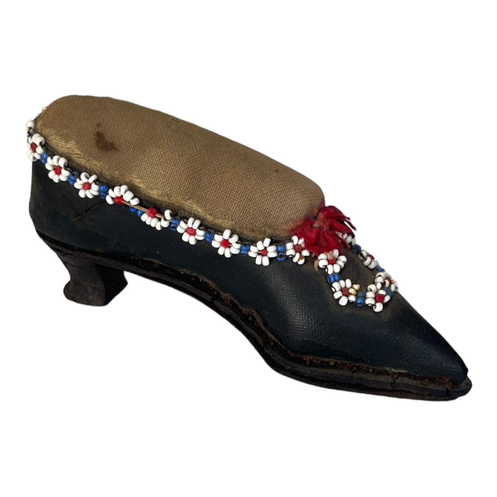 Antique Victorian Folk Art Wood Shoe Sewing Pin Cushion Beaded Hand Carved 5 Antique Victorian Folk Art Wood Shoe Sewing Pin Cushion Beaded Hand Carved 5