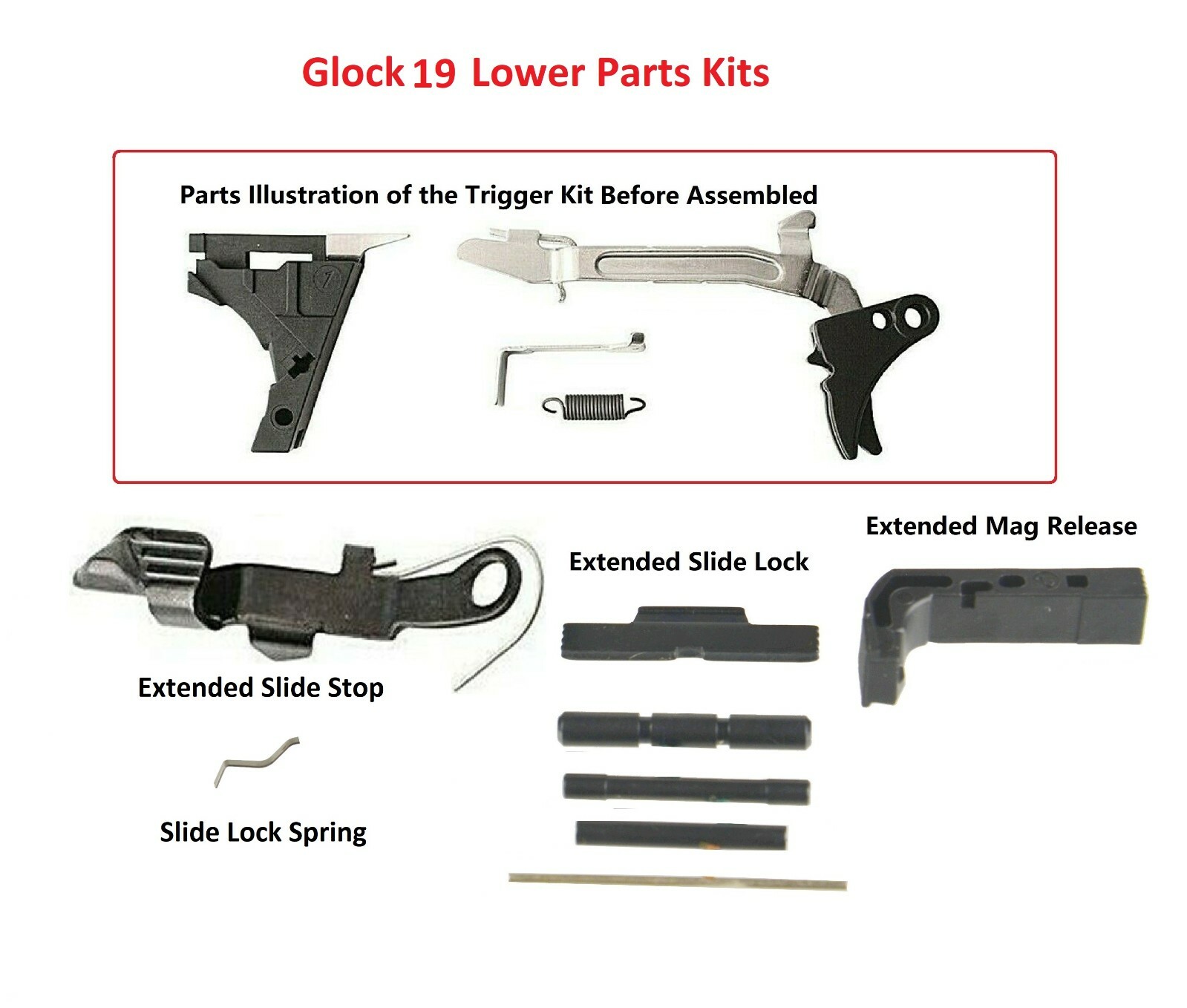 For Glock 19 LPK Polymer Trigger Both Extended Release & Slide Lock 