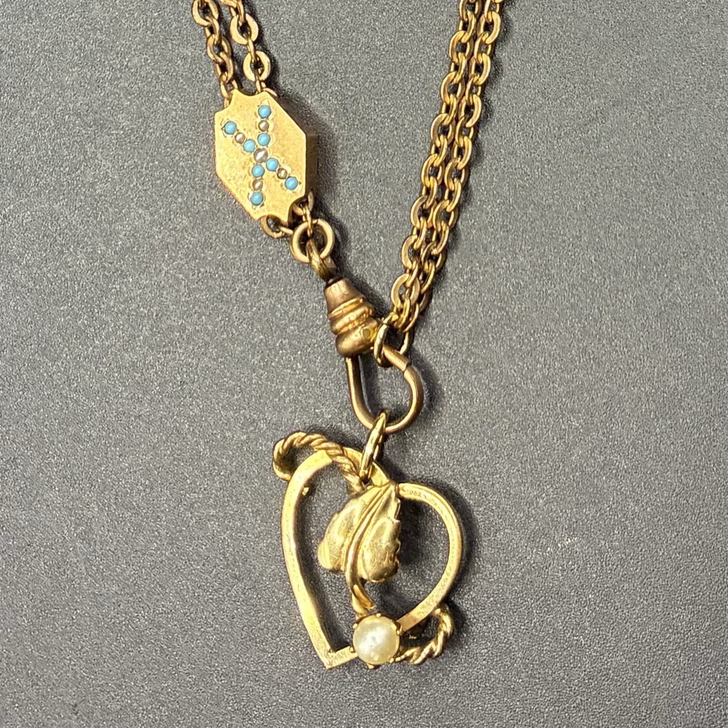 Vintage 12k Gold Filled Watch Chain FOB Necklace, Slide, Swivel Dog Clip, HEART