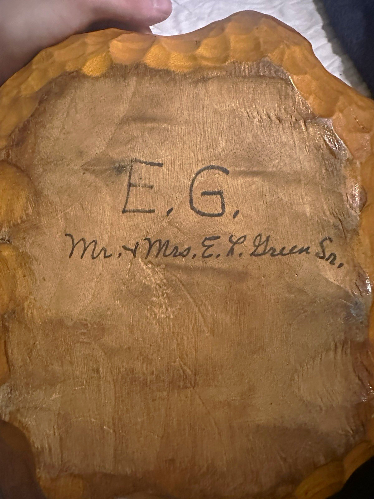 Vintage Hand-Carved Wood Leaf Bowl, Brown, Sculpted Handle, “E.G.” Inscription