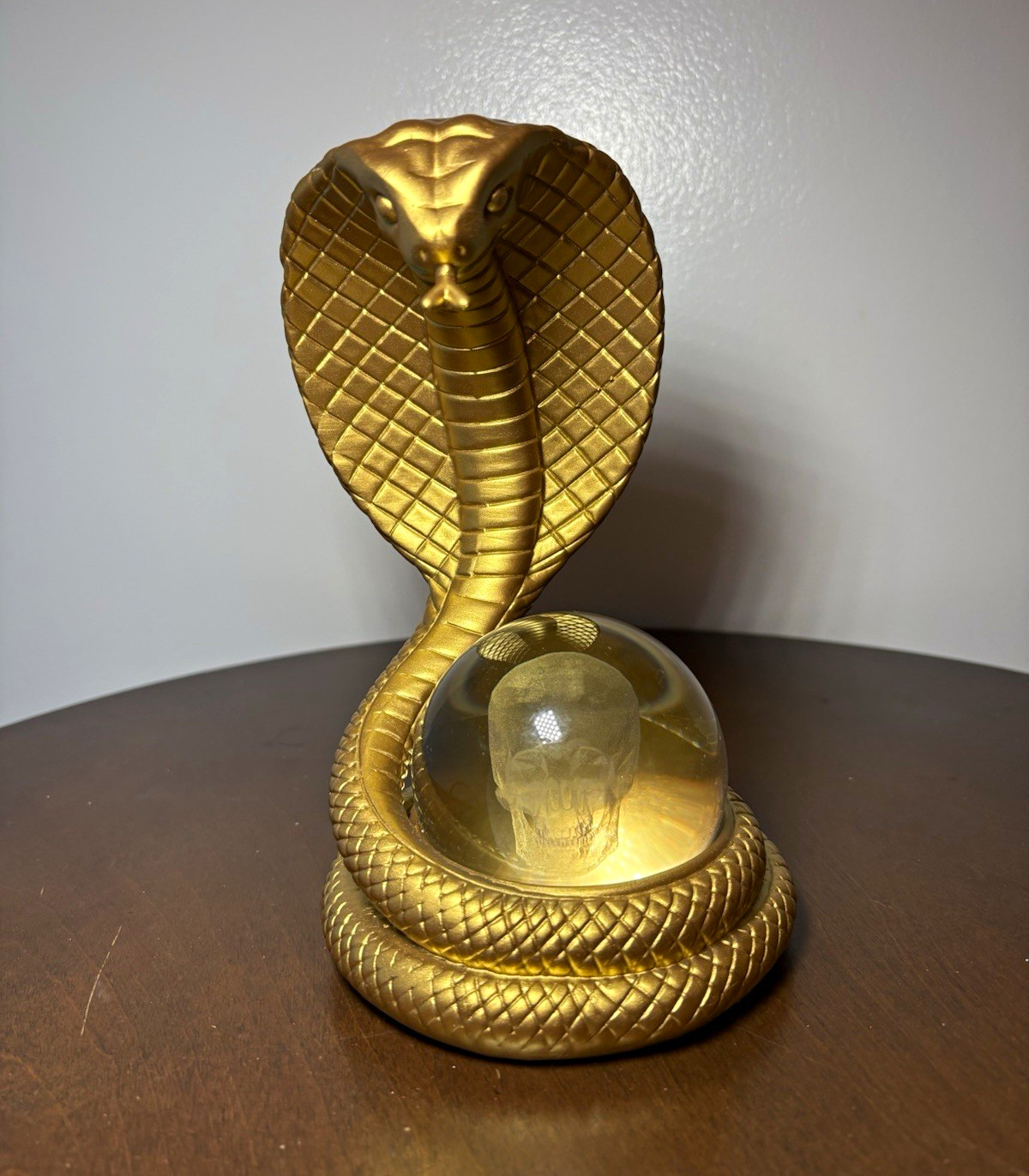 Gold Metal Cobra Snake Figurine w/ Clear Glass Crystal Ball, Free Standing Gold Metal Cobra Snake Figurine w/ Clear Glass Crystal Ball, Free Standing