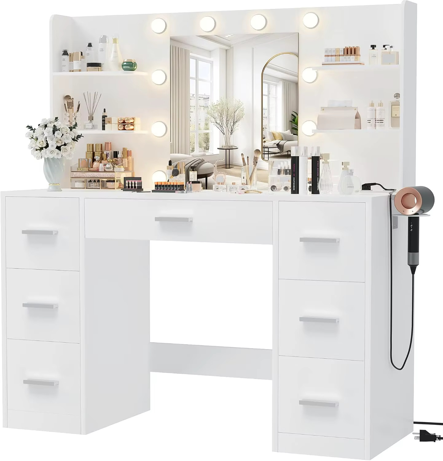 White Makeup Vanity Desk with Lighted Mirror, 6 Drawers, Open Shelves, LED Light