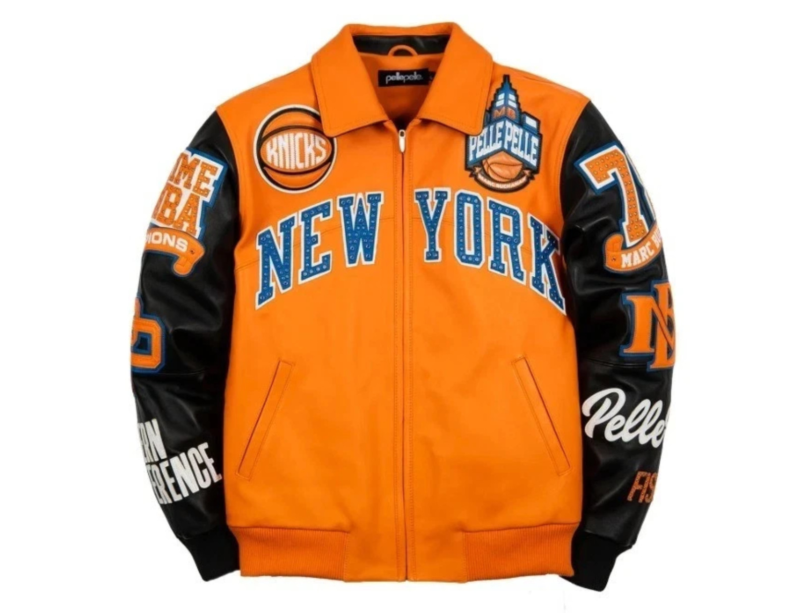 Men\'s Orange Black Leather Varsity Jacket Pelle Pelle Style Bomber Coat Zip