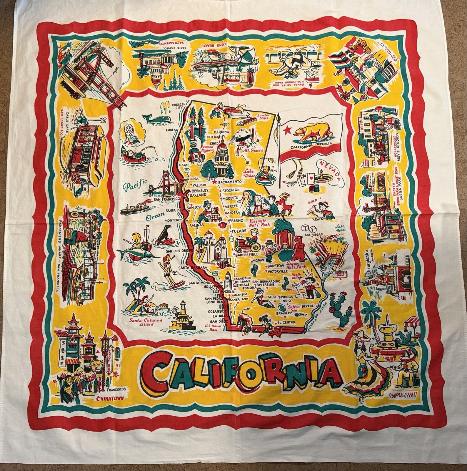 VINTAGE 1950's CALIFORNIA MAP SOUVENIR TABLECLOTH 48 'x 51 VINTAGE 1950's CALIFORNIA MAP SOUVENIR TABLECLOTH 48 'x 51