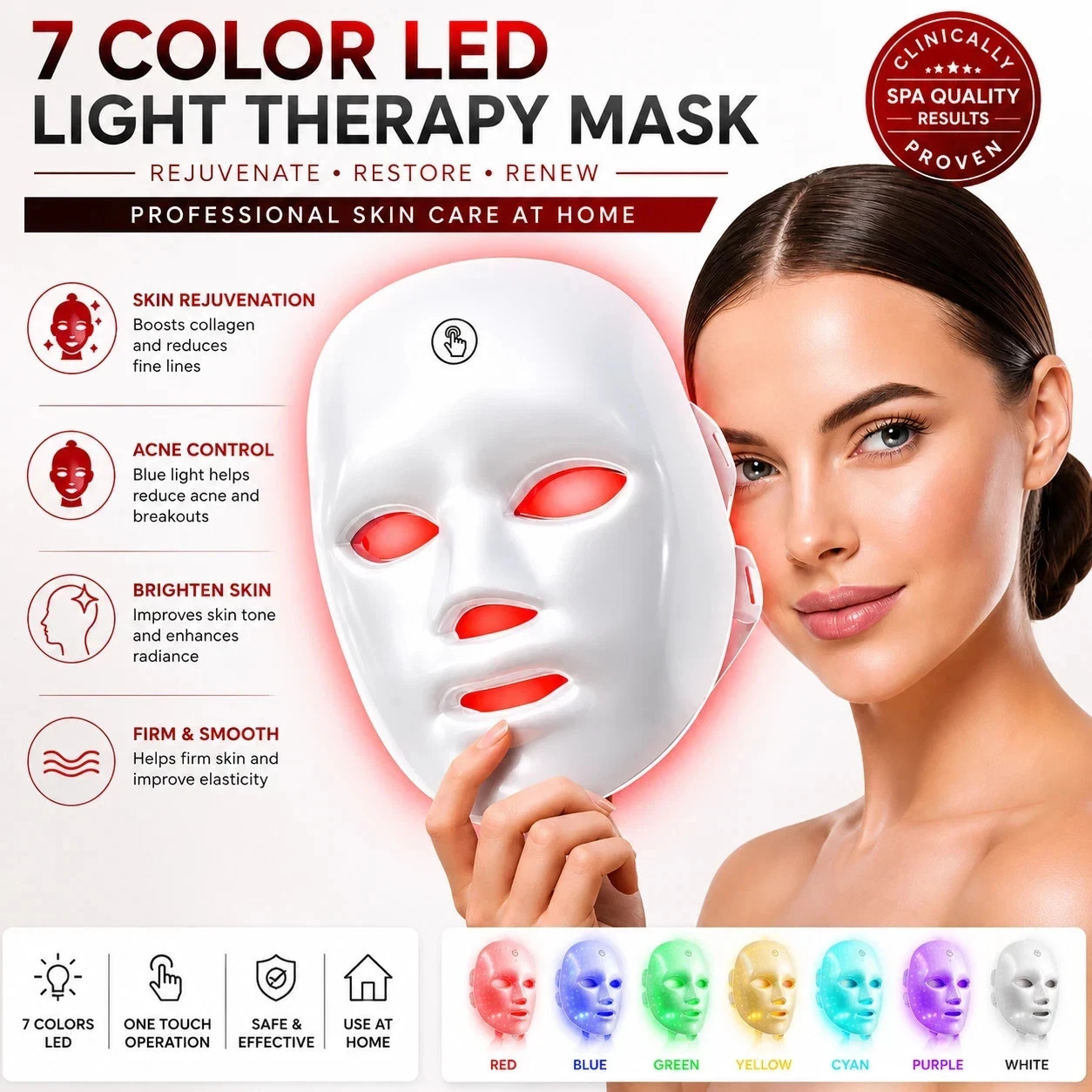 Share 7 Color LED Facial Mask Red Light Therapy Acne Repair Skin Brighten Beauty