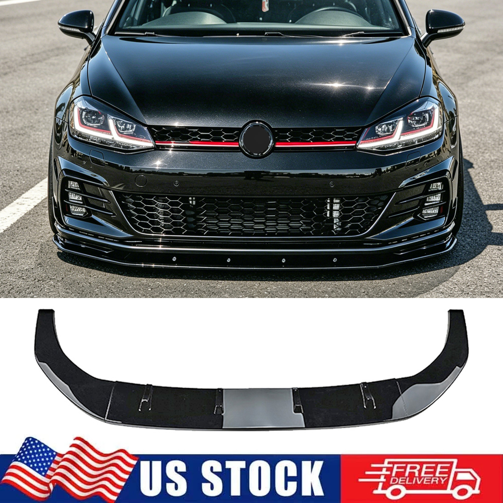 FOR 2015-2021 GOLF R GTI MK7 MK7.5 GLOSS BLACK V STYLE FRONT BUMPER LIP SPLITTER
