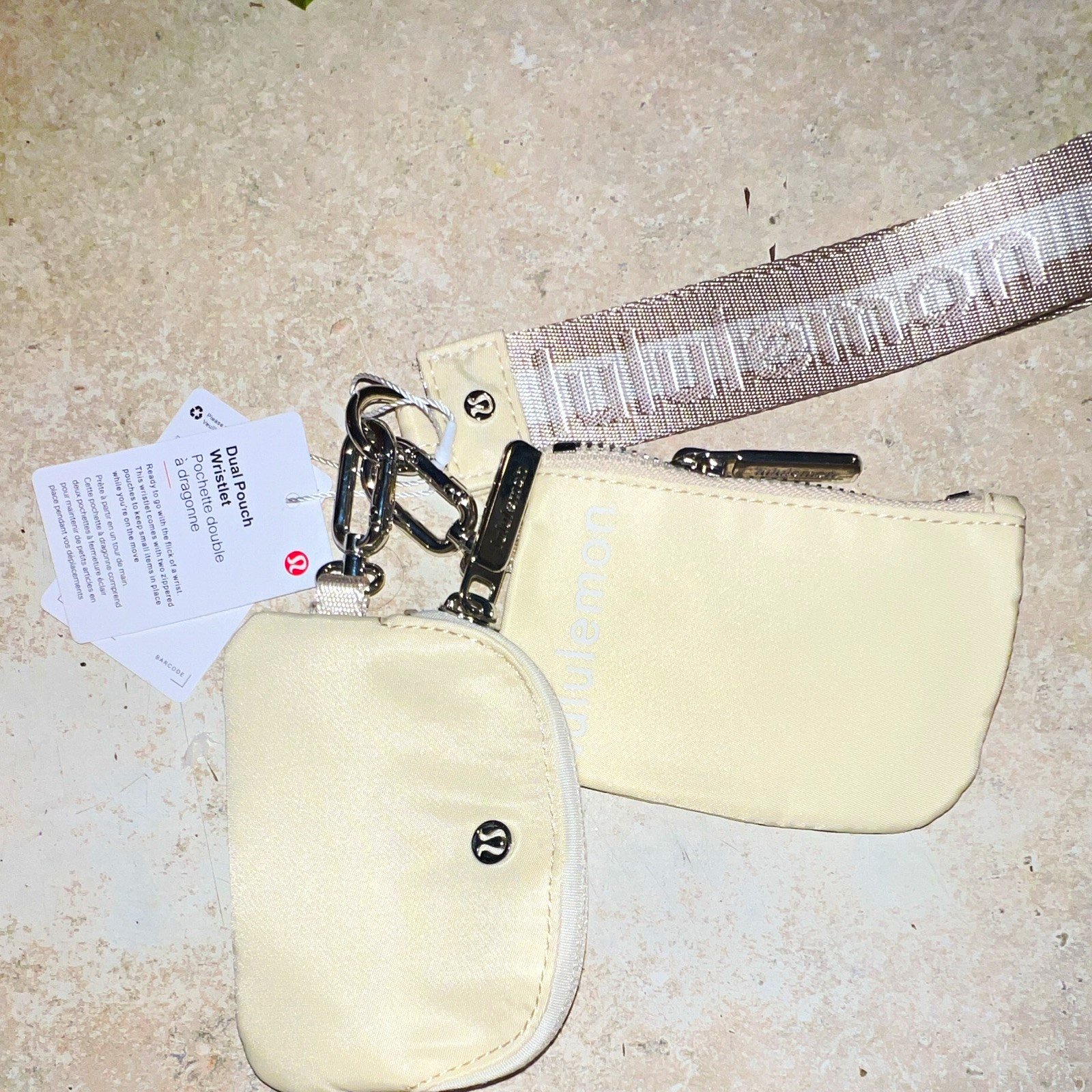 lululemon Dual Pouch Wristlet Keychain Clip Set White Logo Detachable Zipper
