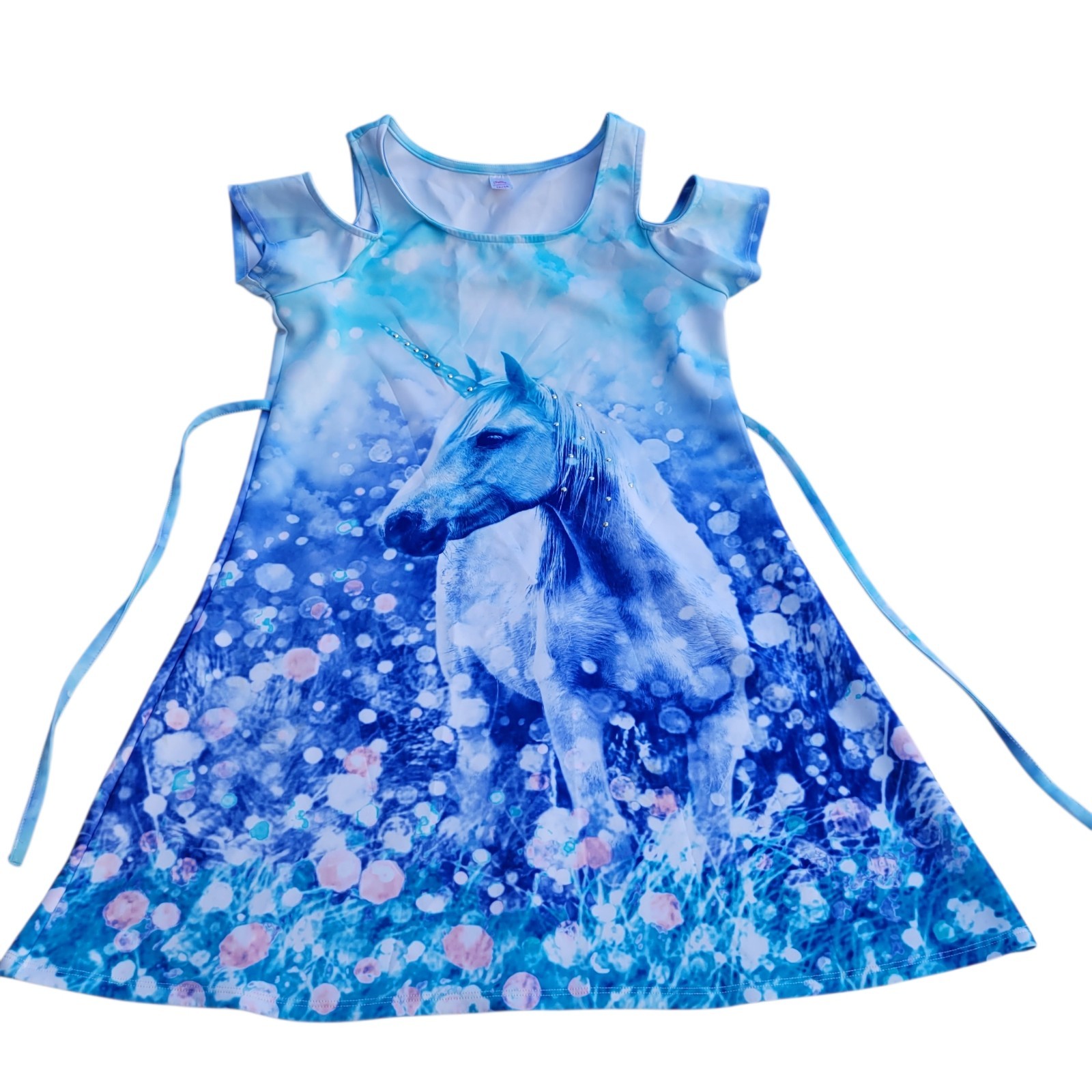 Justice Unicorn Girls Cold-Shoulder Dress Size 16/18 Blue White Purple