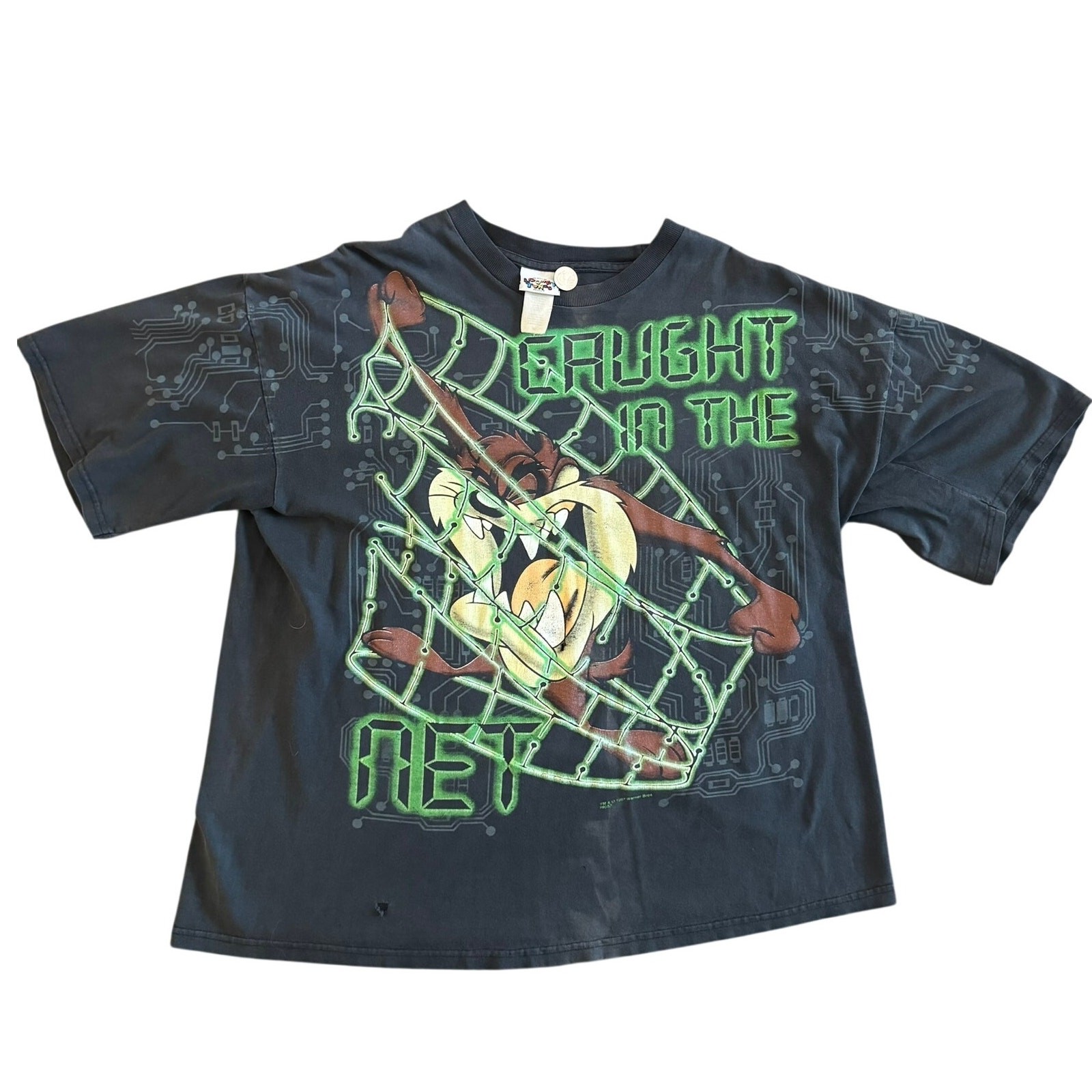 Vintage 1997 Looney Tunes Taz Caught in the Net All Over Print T-Shirt XL AOP