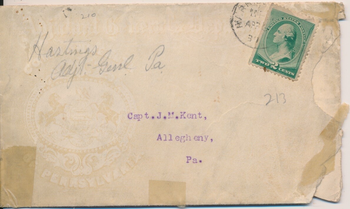 Adjutant General Dept Pennsylvania 1889 Advertising cover to Capt J.M. Kent