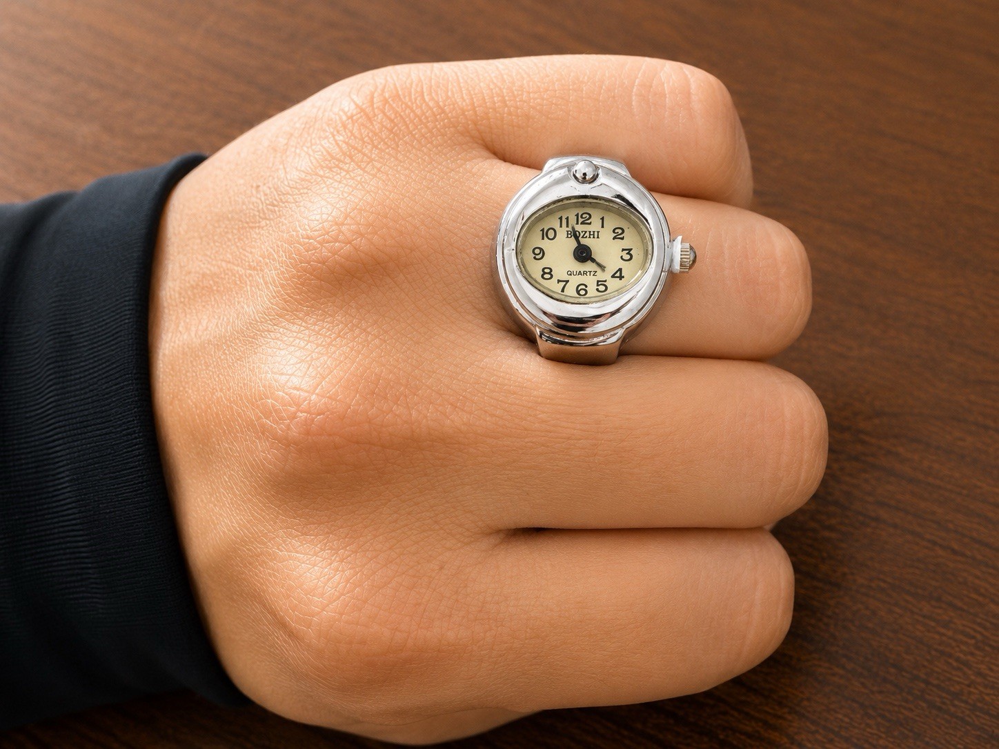 Vintage Ring Watch Silver Tone Beige Dial Stretch