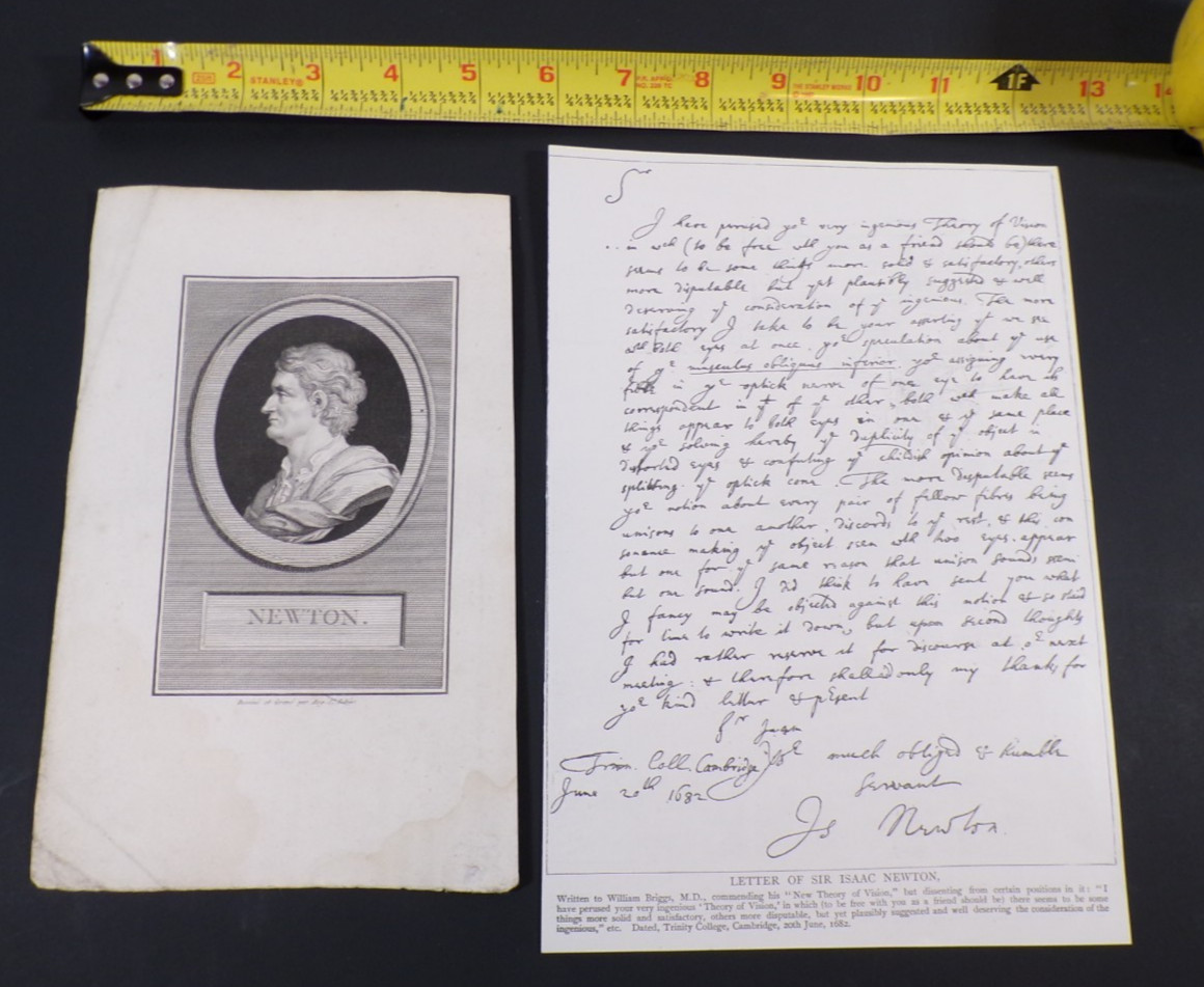 1700's Print of Isaac Newton and old letter mini Newton collection