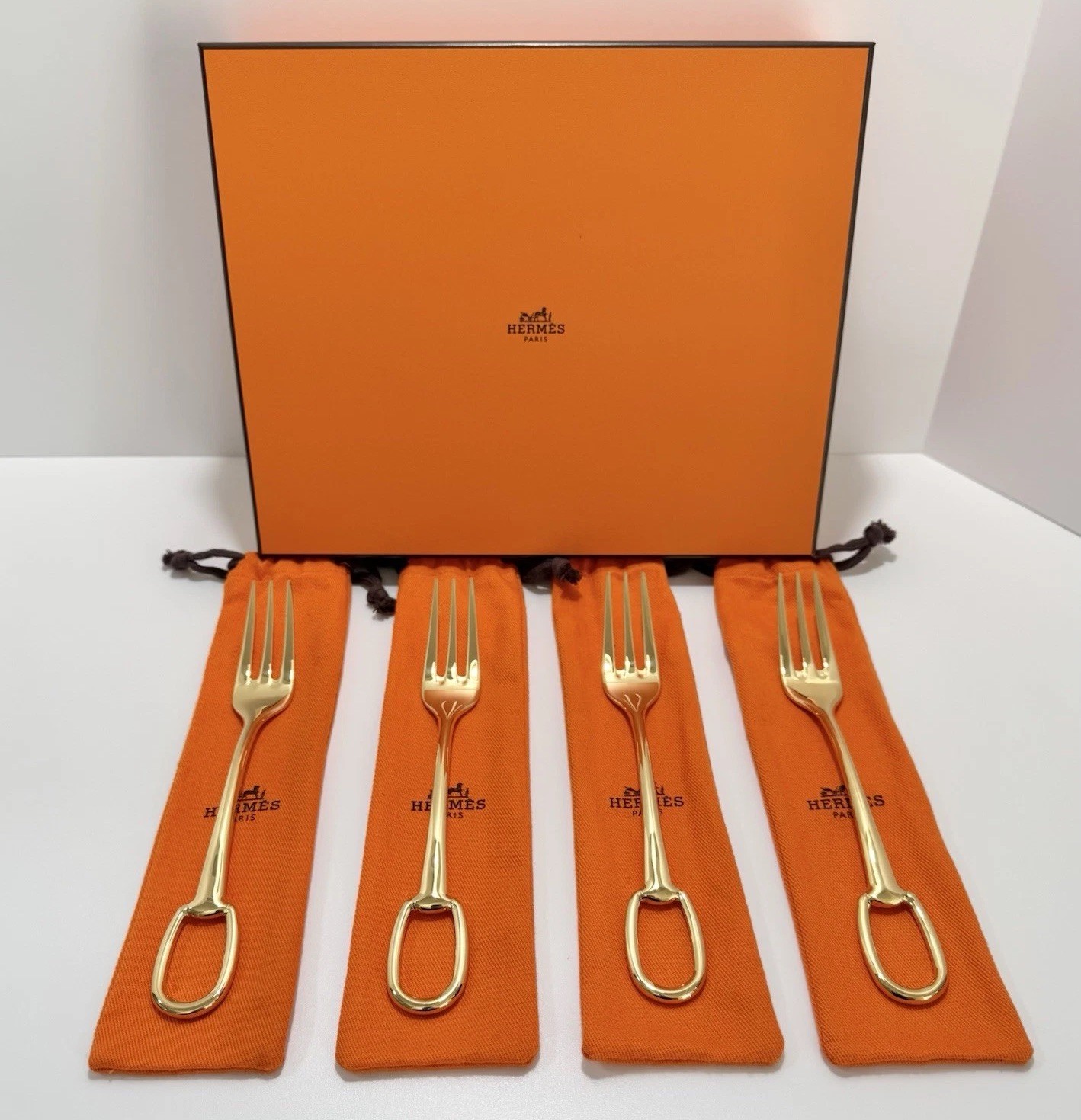 Hermès Grand Attelage Silverware Dinner Forks 18k Gold Plated 4PC $3,480 MSRP