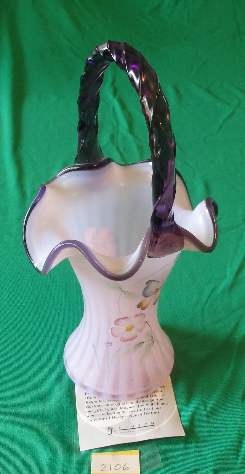 2001 FENTON Showcase Series Pink Chiffon Hand Painted Optic Opalescent Basket