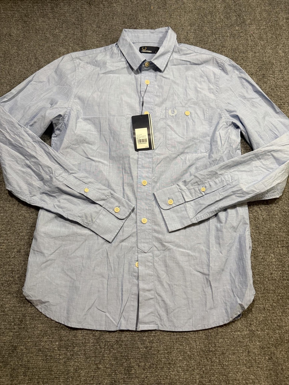 Fred Perry Shirt Mens Medium Blue Concealed Tipped Trim Long Sleeve Button Up