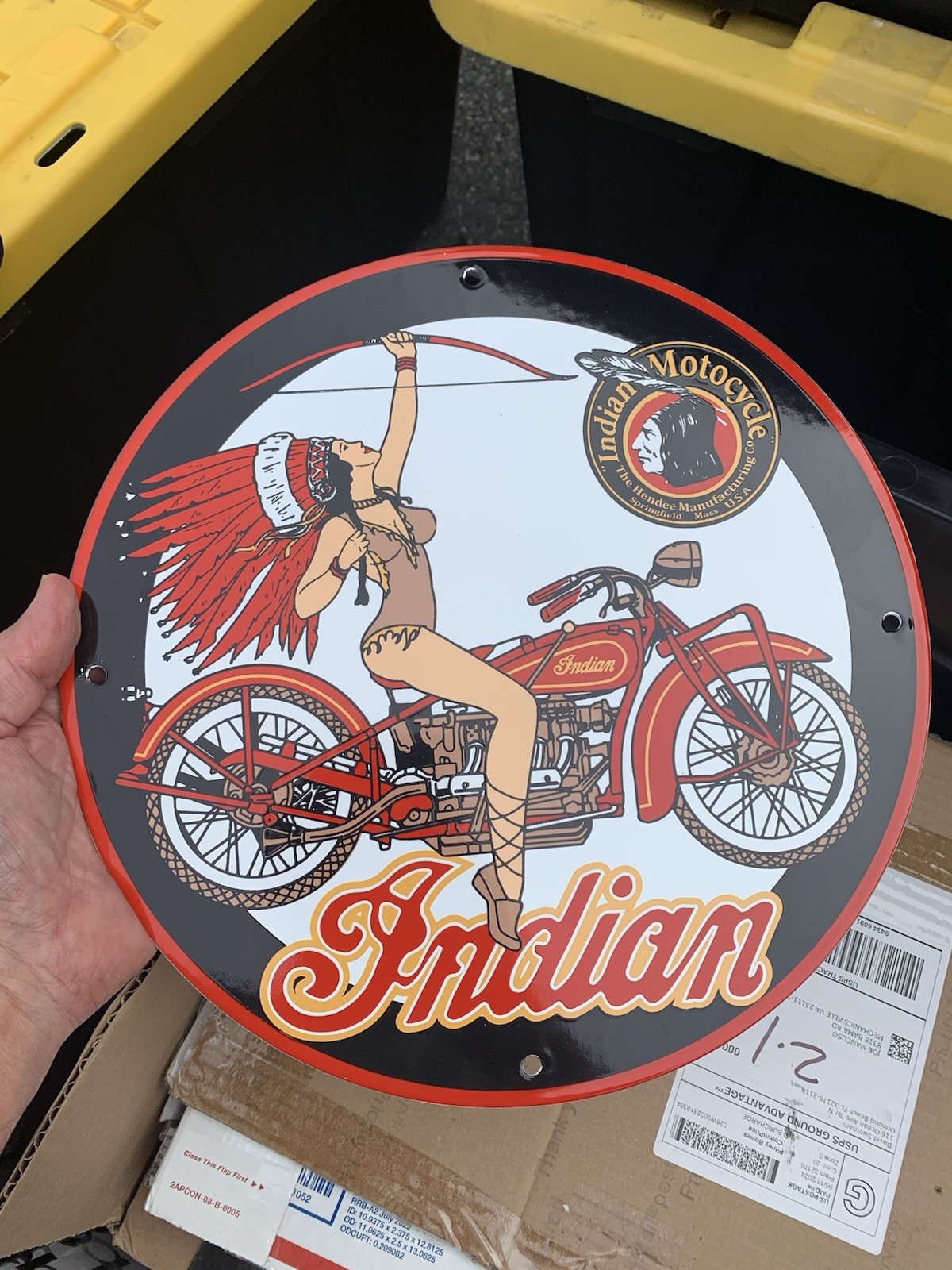 VINTAGE INDIAN MOTORCYCLE PORCELAIN GAS SERVICE STATION AD PUMP PLATE SIGN