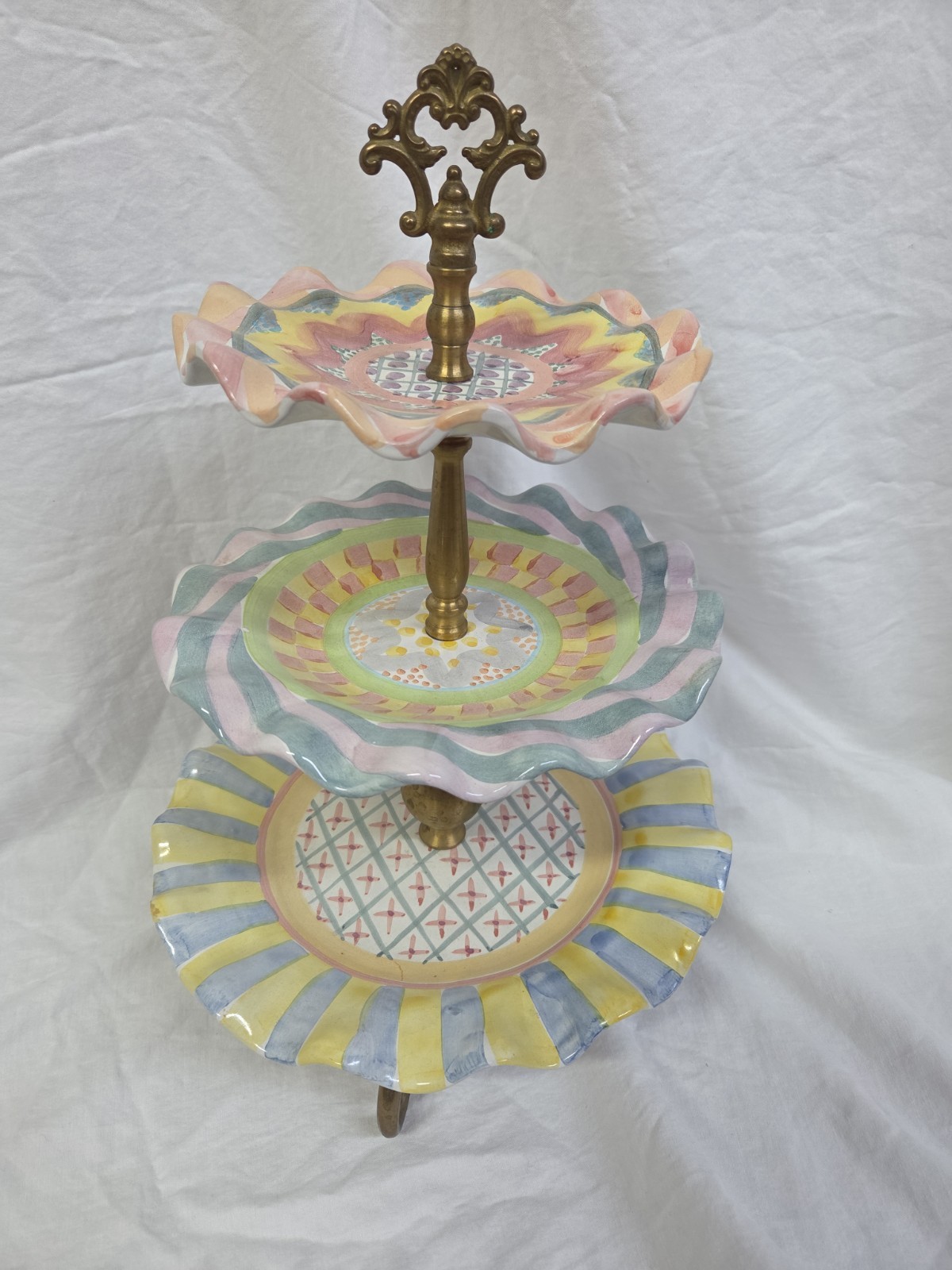 Mackenzie Childs Taylor 3 Tier Serving Stand Ceramic- Vintage RARE- EXCELLENT
