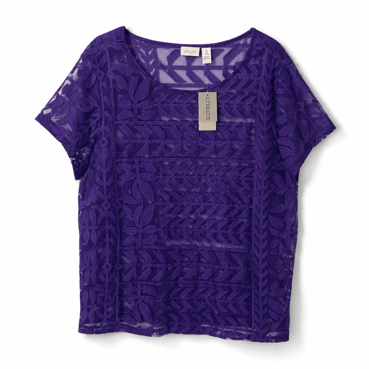 Chico\'s Fairlawn Foliage Top Women\'s 3 Purple Sheer Embroidered Short Slv NWT Chico\'s Fairlawn Foliage Top Women\'s 3 Purple Sheer Embroidered Short Slv NWT