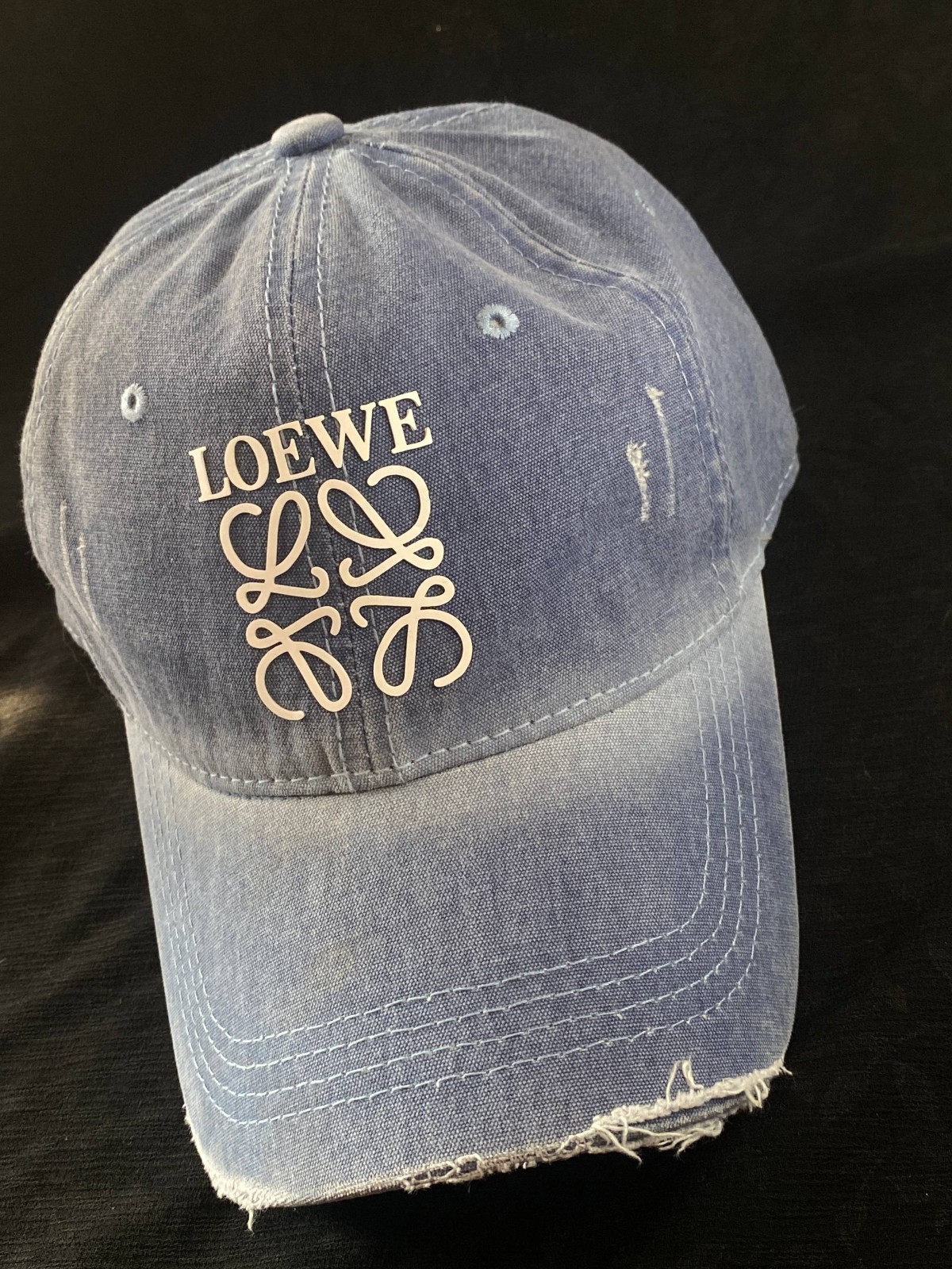 LOEWE Blue Washed Denim Baseball Cap White Embroidered Anagram Logo LOEWE Blue Washed Denim Baseball Cap White Embroidered Anagram Logo