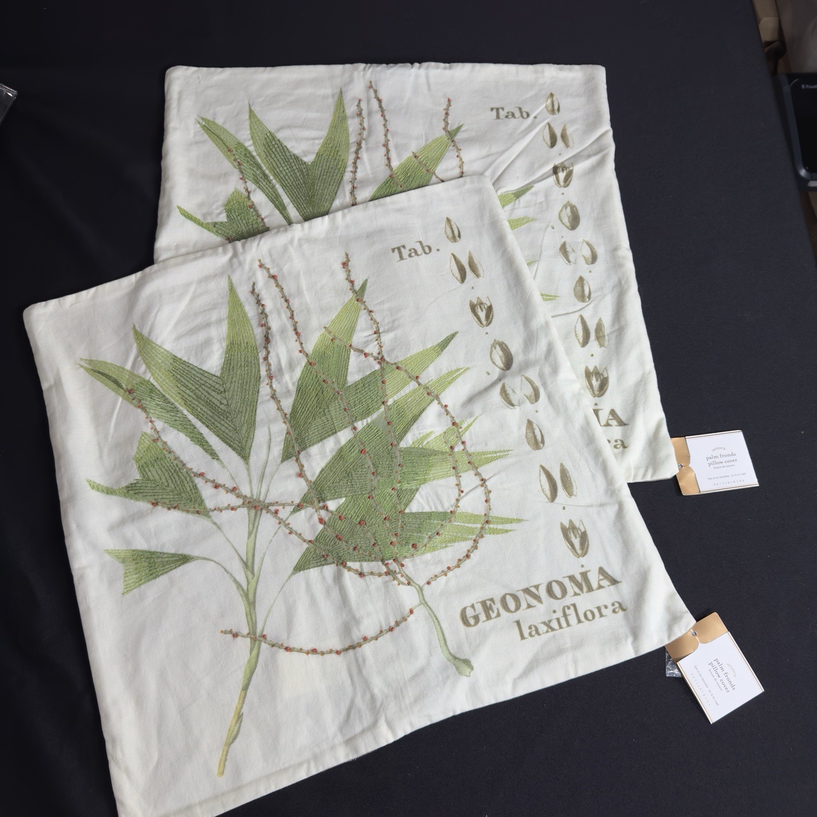 NOS Pottery Barn Botanical Fern Palms Embroidered  20” Pillow Cover Set Of 2