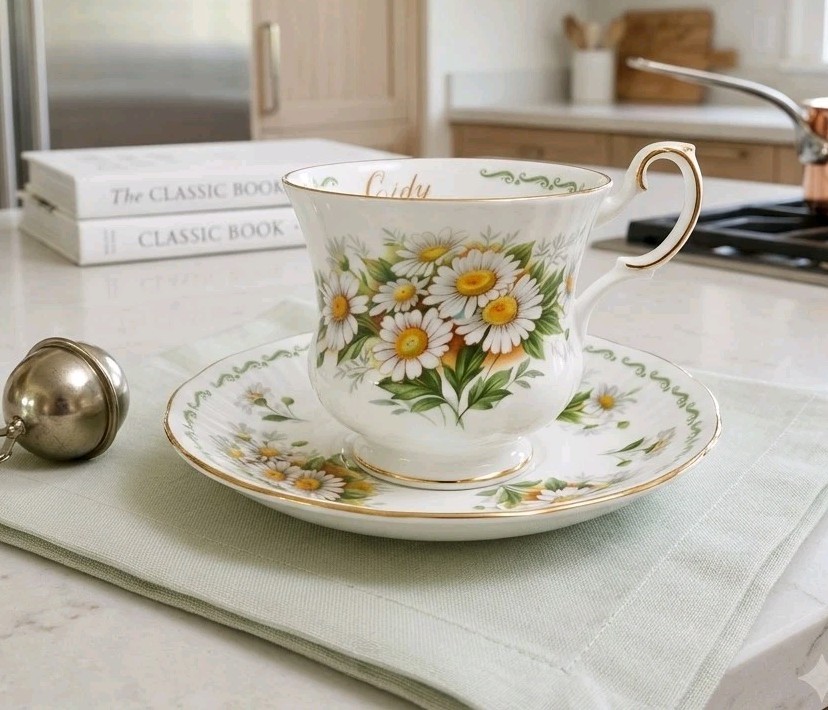 Vintage Queens Bone China October Daisy Teacup Saucer Set Rosina England Gilt