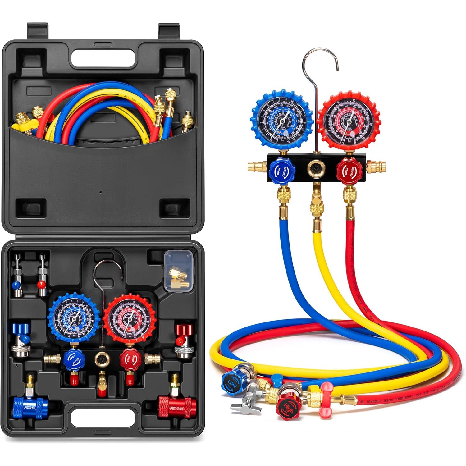 HVAC AC 3‑Way Manifold Gauge Set w/ 5ft Hoses R1234yf R404a R134a Refrigeration