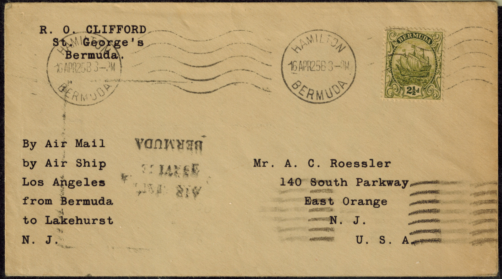 Bermuda 1925 Airmail Cover ERROR in H/S AIR MAIL SERVICE BERMUDA w/ SE Inverted