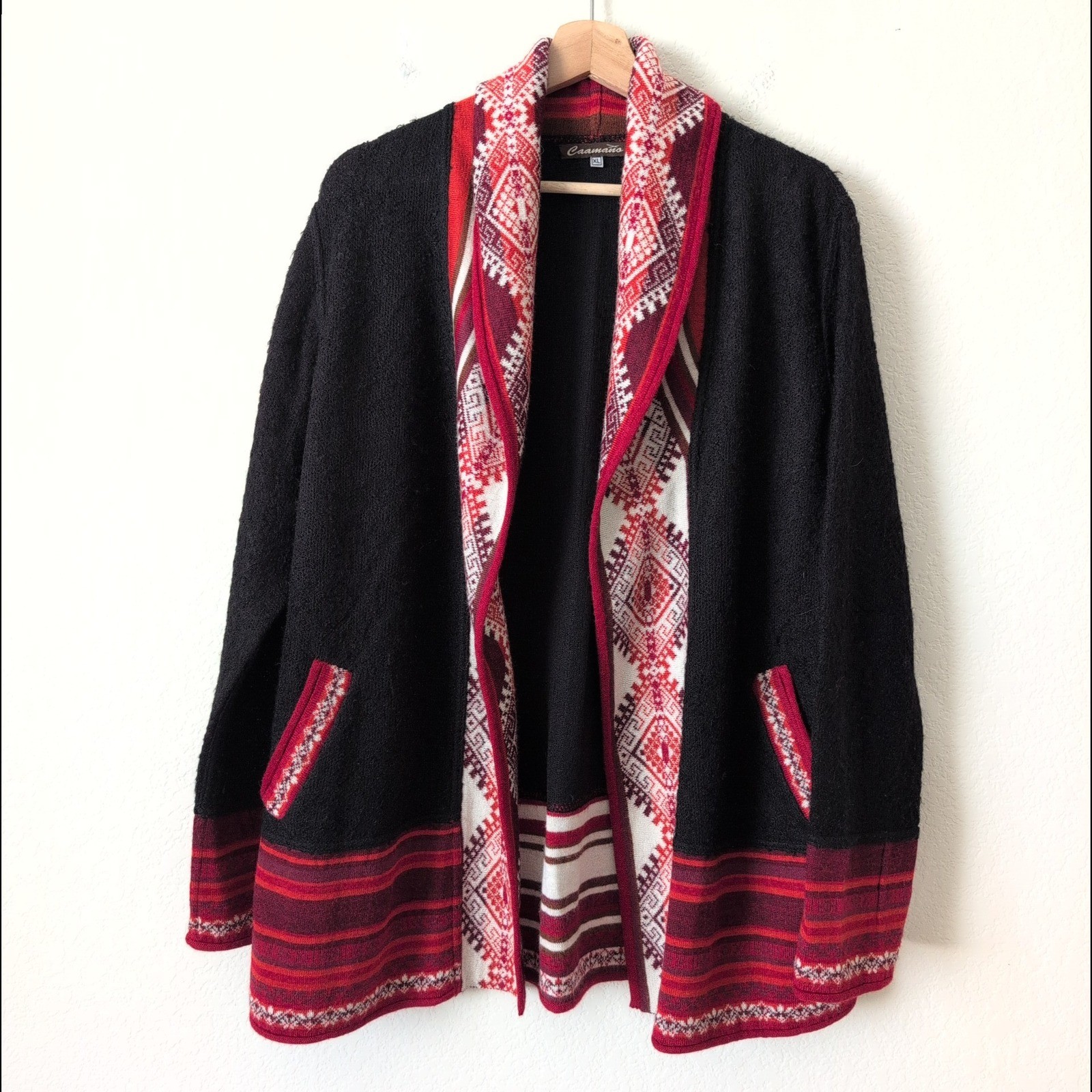 Caamaño 100% Alpaca Wool Cardigan Sweater Womens XL Black Red Southwestern Peru