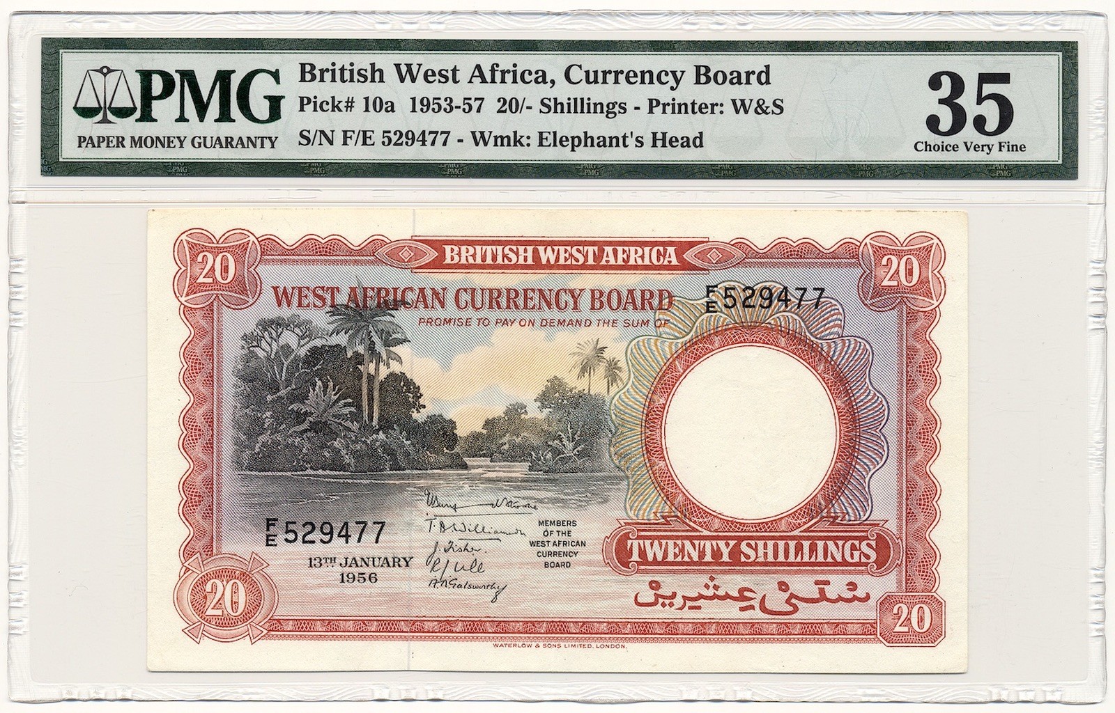 BRITISH WEST AFRICA banknote 10 Shillings 1956 PMG grade VF 35 Choice Very Fine