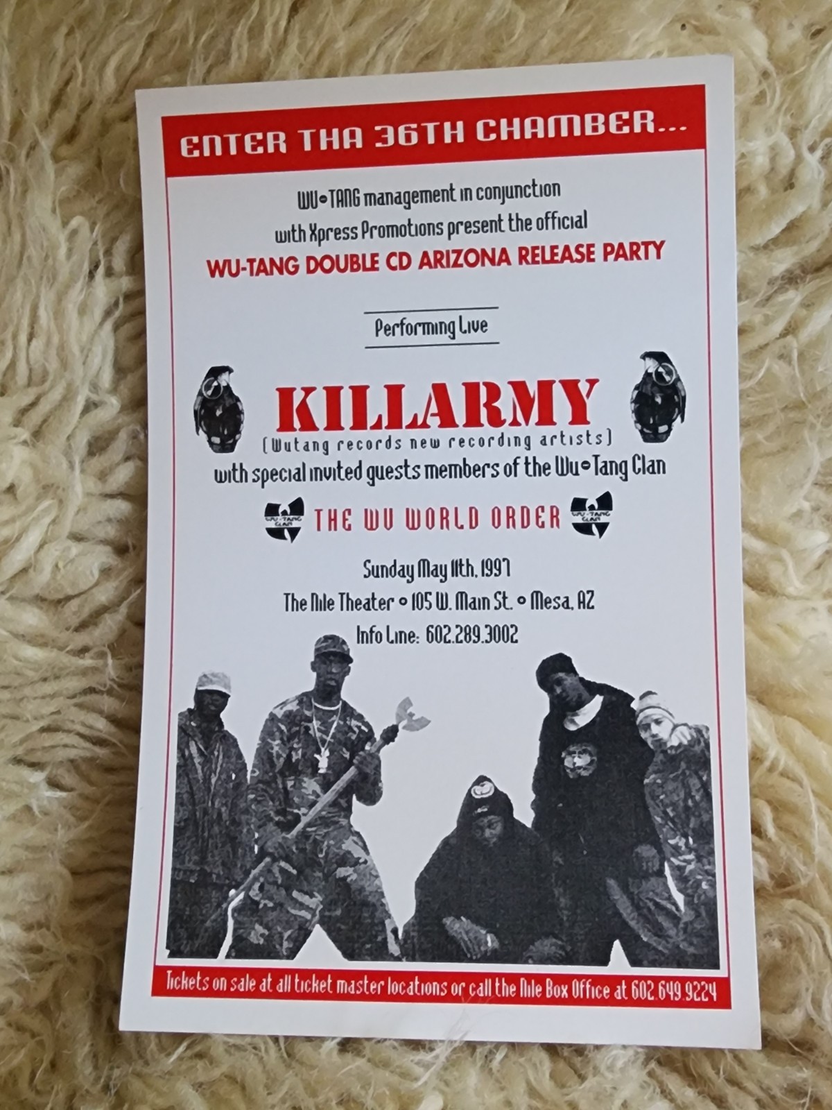 Vintage 90's Wu Tang Clan Killarmy Flyer 97 The Nile Theater AZ CD Release Party Vintage 90's Wu Tang Clan Killarmy Flyer 97 The Nile Theater AZ CD Release Party