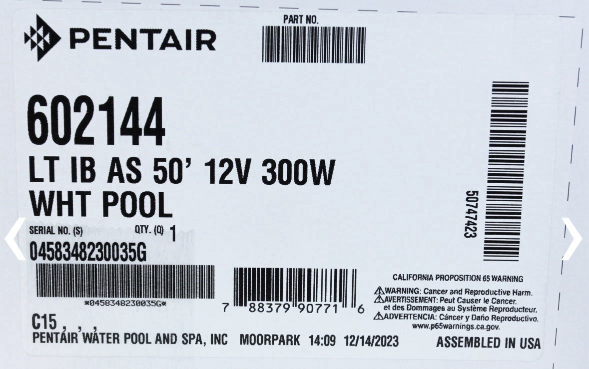 Pentair 602144 Swimming Pool Light 12V 300W 50FT Cord White Light Silver