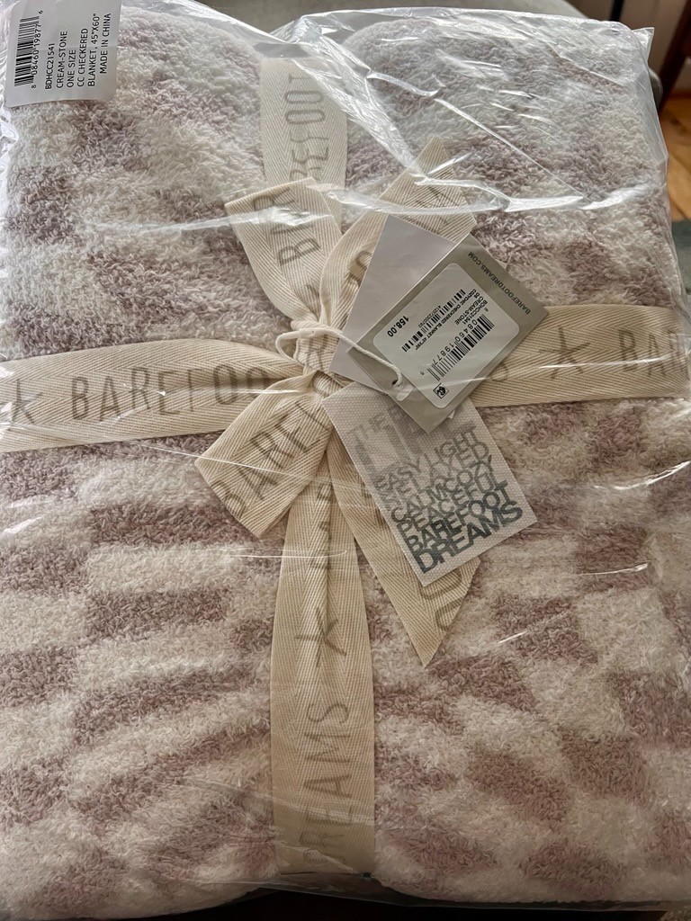 Barefoot Dreams CozyChic Checkered Blanket Cream Stone 45x60 NWT $158