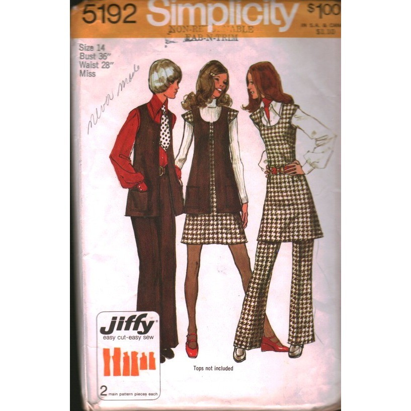 Vintage Simplicity 5192 Jiffy Sewing Pattern 70s Vest Tunic Pants Size 14 B 36