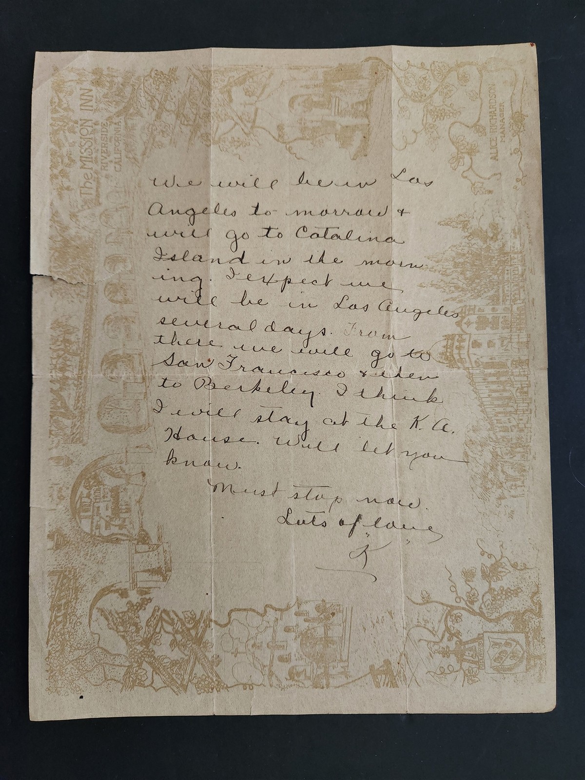 antique THE MISSION INN riverside ca STATIONERY LETTER manager ALICE RICHARDSON