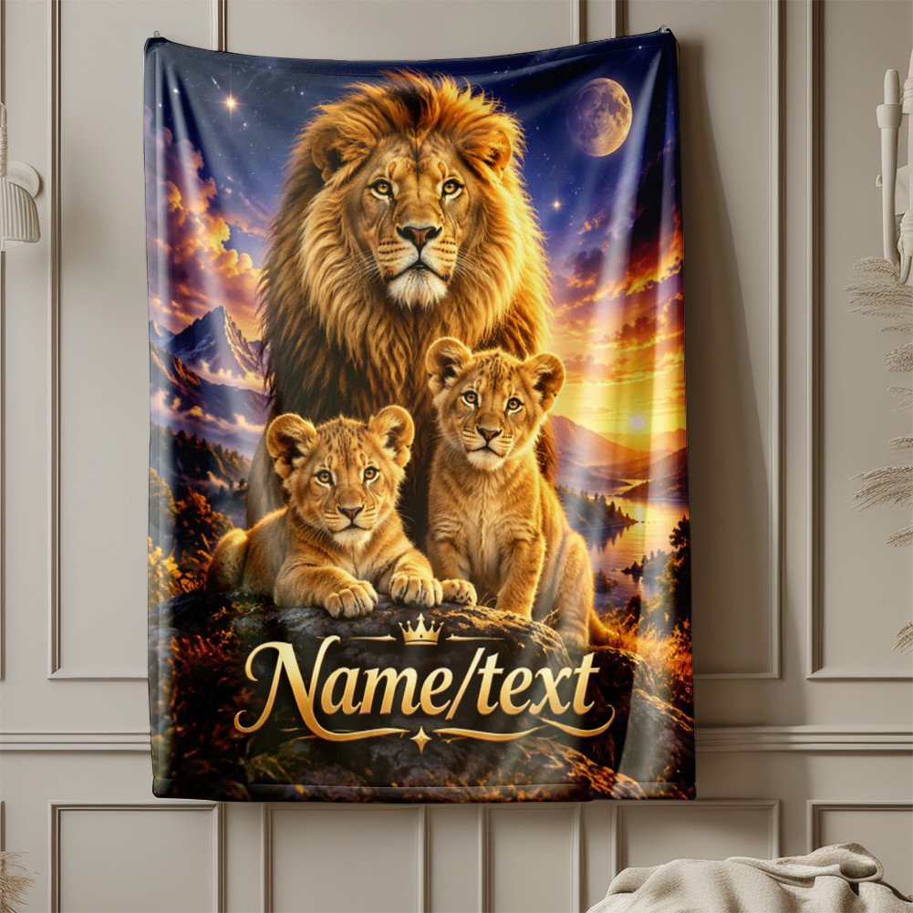 Personalized Lion Family Celestial Landscape Coral Fleece Blanket