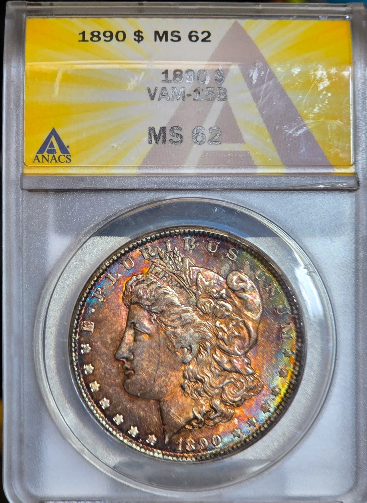 1890 Morgan Silver Dollar ANACS MS62 Rainbow Toned Coin VAM 15B Toner $1 UNC BU