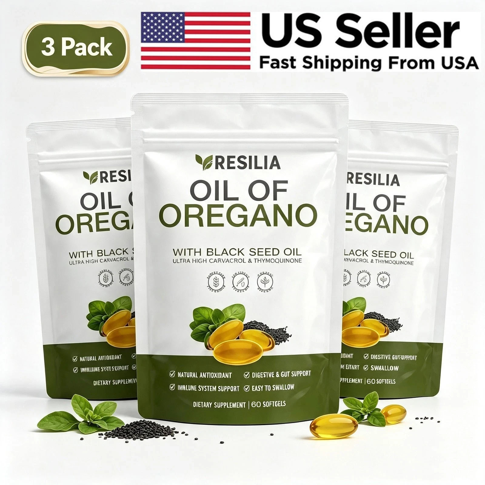 3 PACK Resilia Oil of Oregano 6000mg with Black Seed Oil Softgels – 180 Capsules