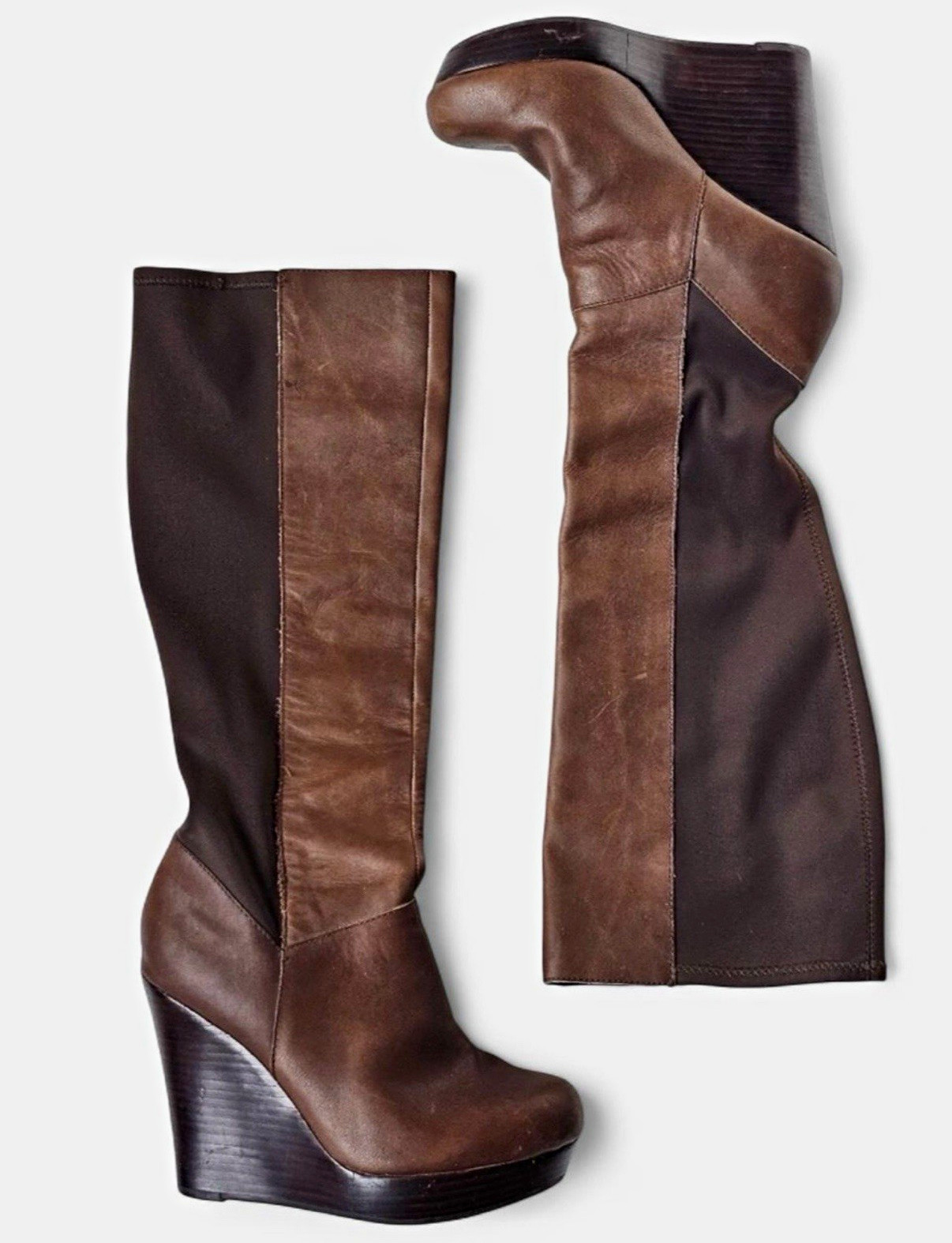 Seychelles Women\'s Brown Leather Colorblock Knee High Wedge Boots 6 B Stretch