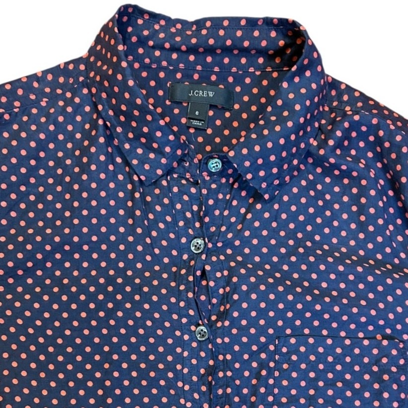 J. CREW Women\'s Polka Dot Popover Tunic Sz 6 Navy Red Silk Cotton Blend Blouse