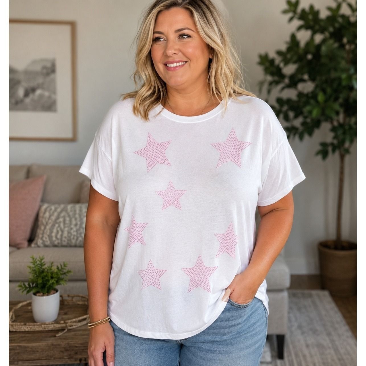 Sistas White Pink Rhinestone Star Baby Tee Short Sleeve Top 2X NWT Y2K Star Top