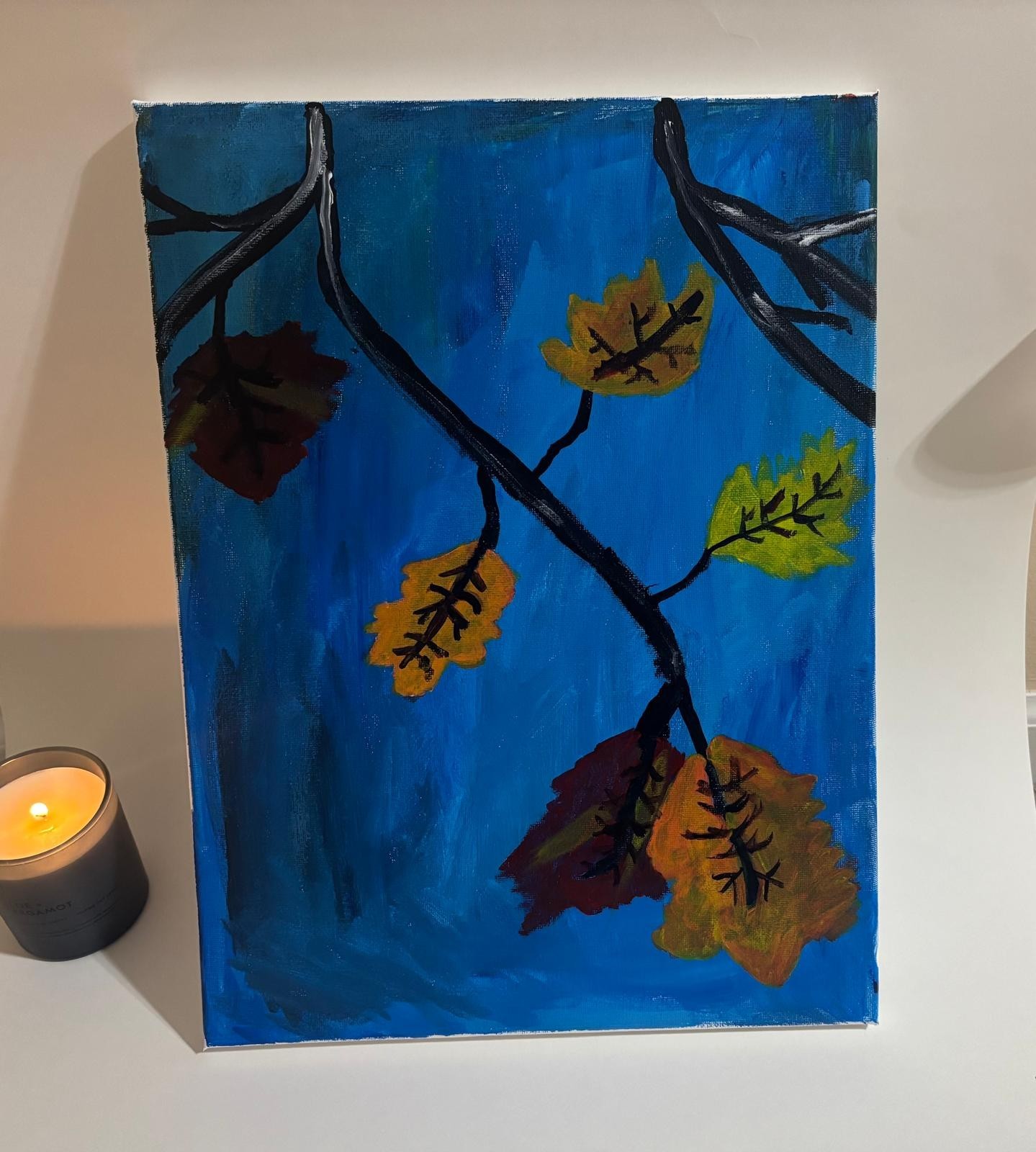 Hand painted Fall canvas 12 X 16 in Blue Atumn leave acrylic painting