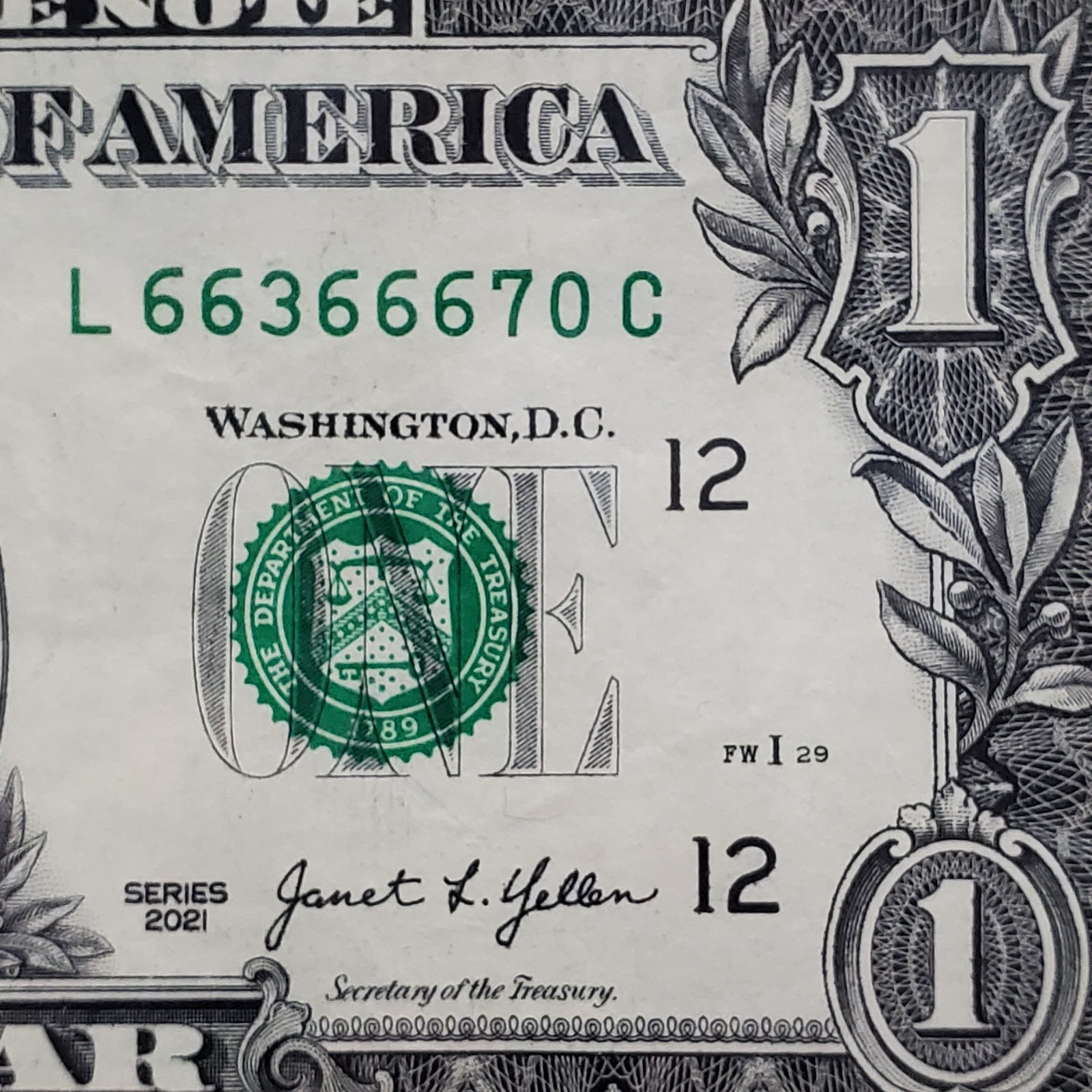$1 Bill 2021 Fancy Serial Number 5-of-a-kind 5OAK (6s) W/666 - L 66366670 C $1 Bill 2021 Fancy Serial Number 5-of-a-kind 5OAK (6s) W/666 - L 66366670 C