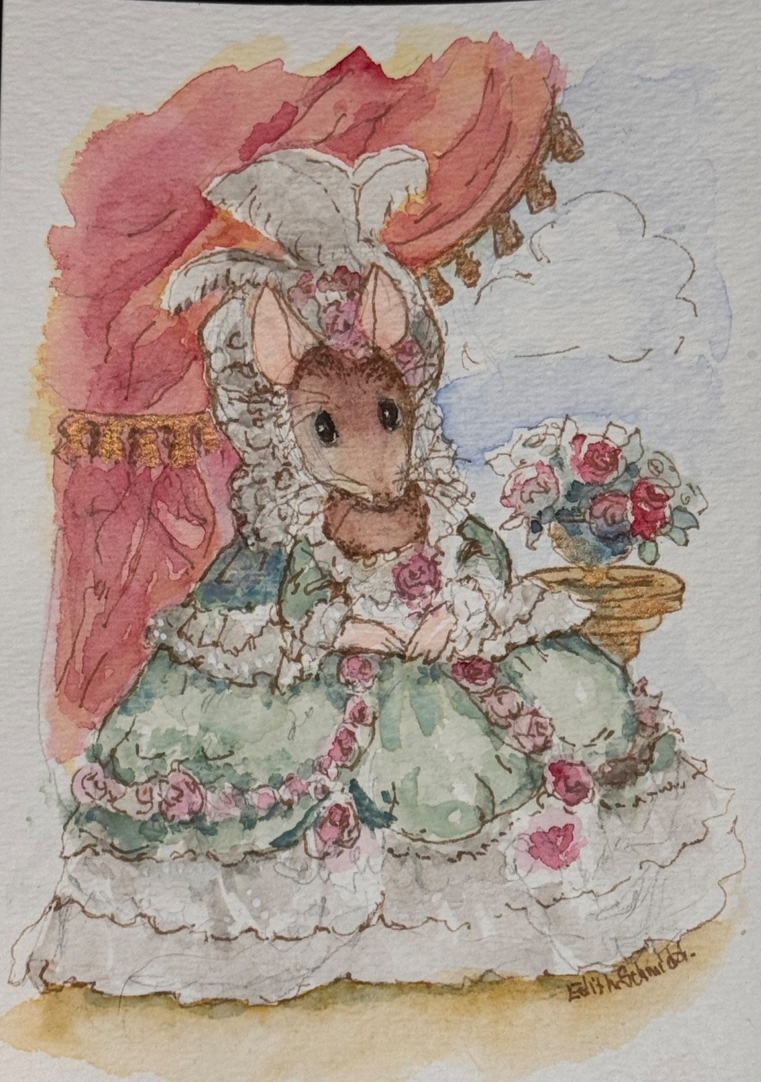 Mouse Origional Watercolor French Signed by artist Edith Schmidt 