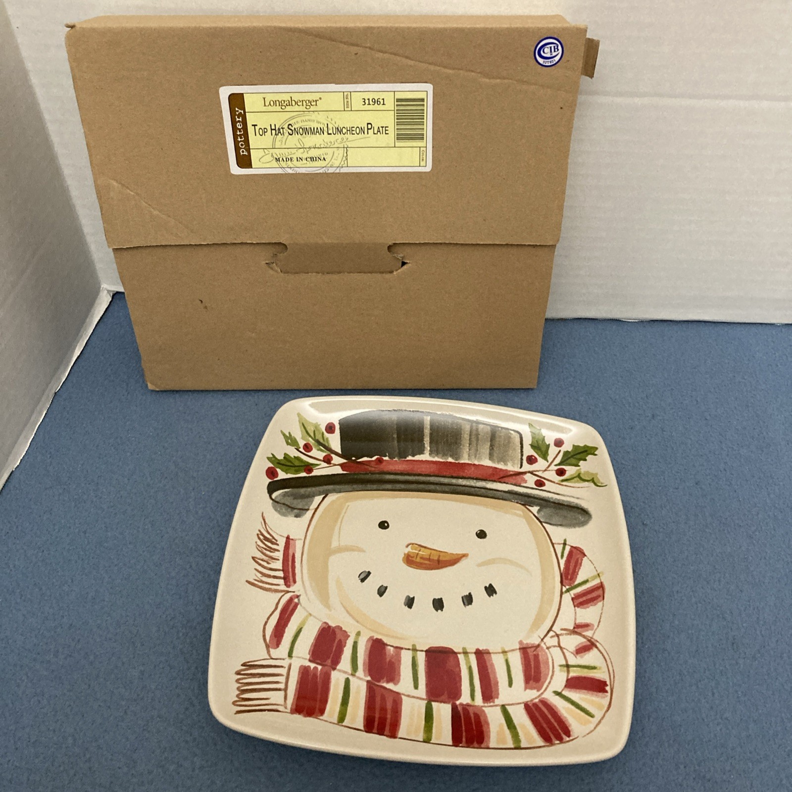 NIB Longaberger Pottery Multicolor Top Hat Snowman Luncheon Plate (31961)