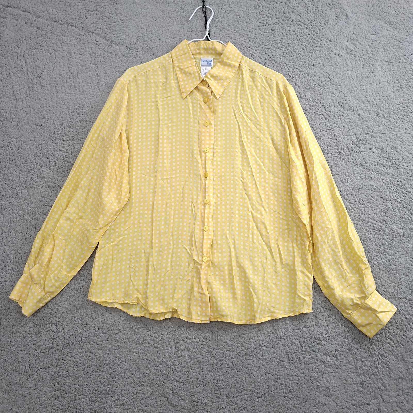 Vtg Bedford Fair Shirt Womens M Silk Butter Yellow Gingham Button Up Blouse Top