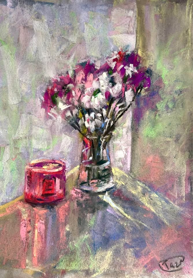 Flower Still Life Pastel Painting, Bouquet & Candle, 9x12 in Original Art Signed