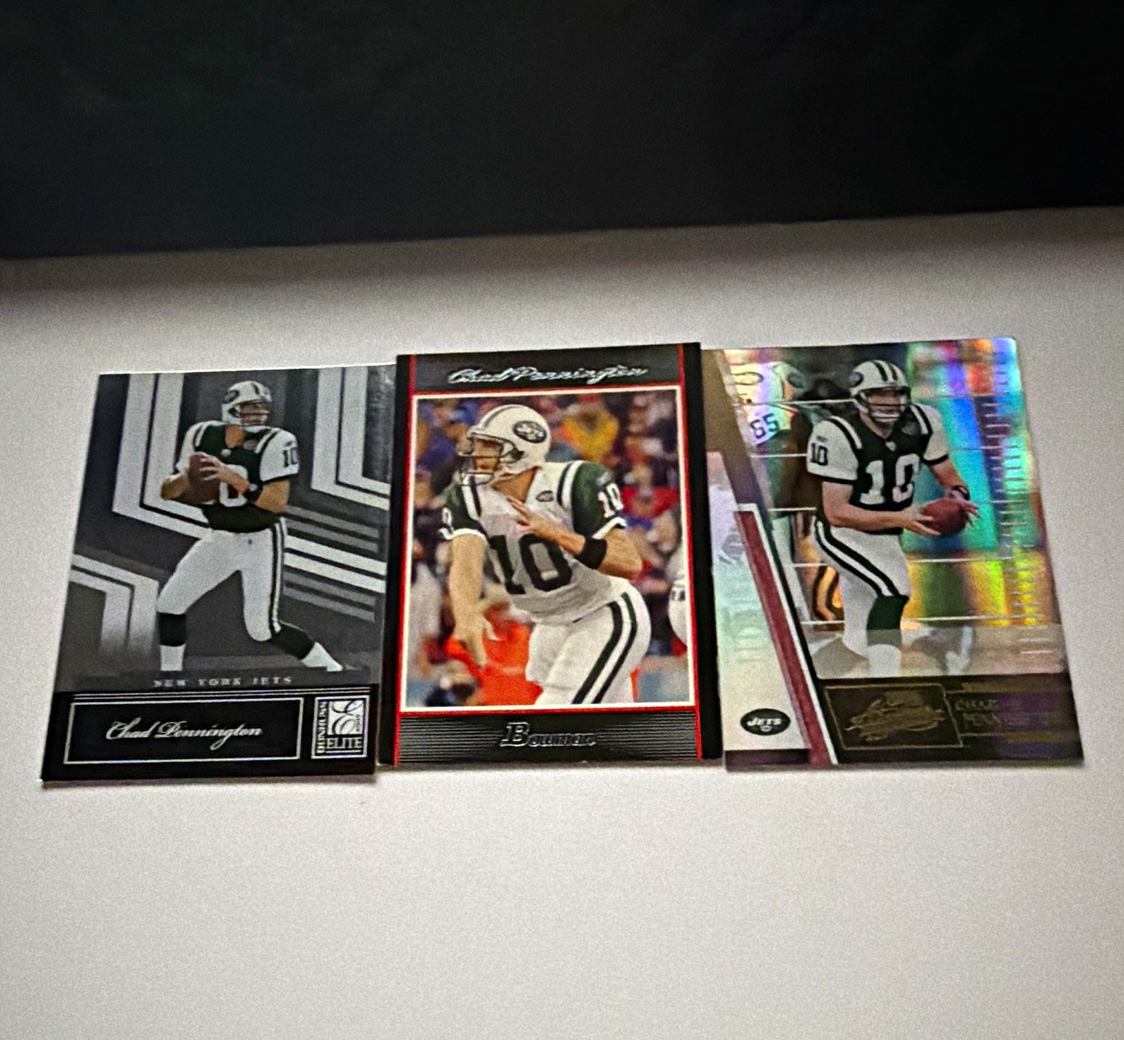 Donruss 2007 Chad Pennington Jets 3-Card Lot Donruss Elite Bowman Prestige